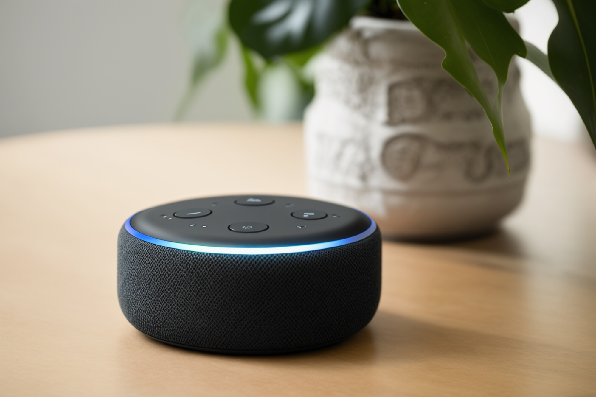 Echo from Amazon Alexa on the table. Alexa is a virtual personal assistant developed by Amazon with the aim of assisting in the execution of some everyday tasks. The user interacts through speech. It is an example of AI technology.